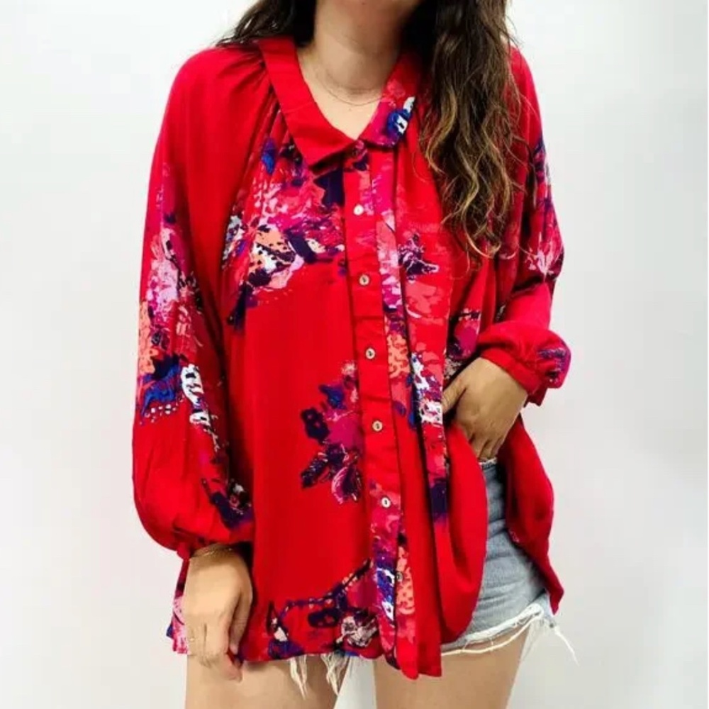 Free People S pink floral oversized button up swing blouse